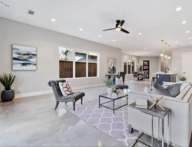 A light gray polished concrete floor in Fort Worth, Texas.