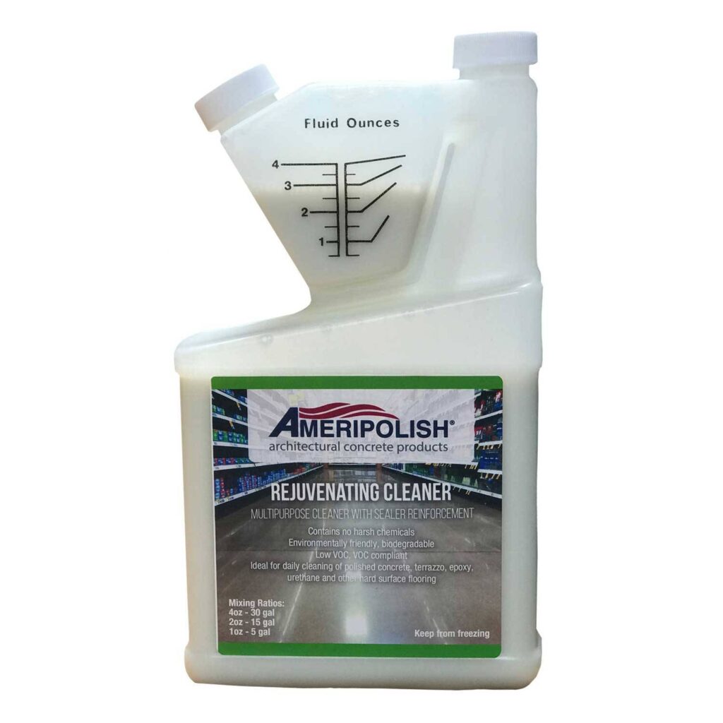 Ameripolish Rejuvenating Floor Cleaner is specifically designed for polished concrete. This cleaner can be used with a wet mop or floor scrubber. Contact us to purchase.