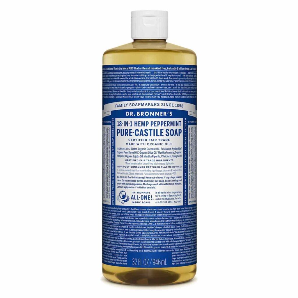 Dr. Bronner’s castile soap is our favorite non-specialized product for surface cleaning indoor concrete floors. Dr. Bronner’s is a pH-neutral cleaner that comes in a variety of natural scents. Because the soap is concentrated, a few drops in a gallon of water is plenty. Soap is not required every time a floor is mopped. A damp mop can be used without soap for regular cleaning.