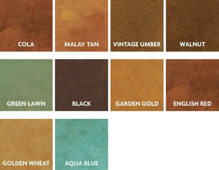 Acid stain reference chart with brown, red, gold, green and aqua swatches