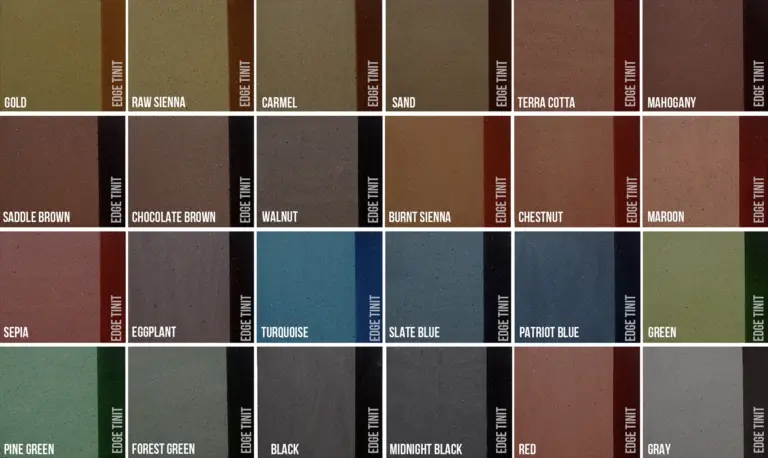 Dye reference chart with earth tones, blues, greens, red and gray, alongside Edge Tint strips